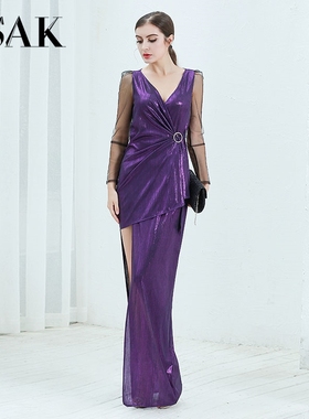 主持人礼服女亮闪闪晚年会长款气质高贵优雅显瘦晚会紫色名媛性感