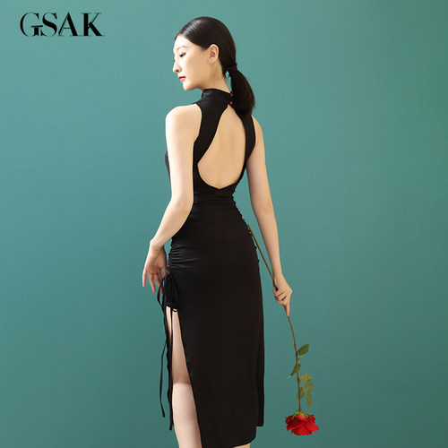 GSAK无袖抽绳改良旗袍性感露背