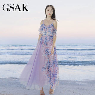 海边度假沙滩新款超仙夏季雪纺碎花吊带连衣裙长款气质浅紫色长裙