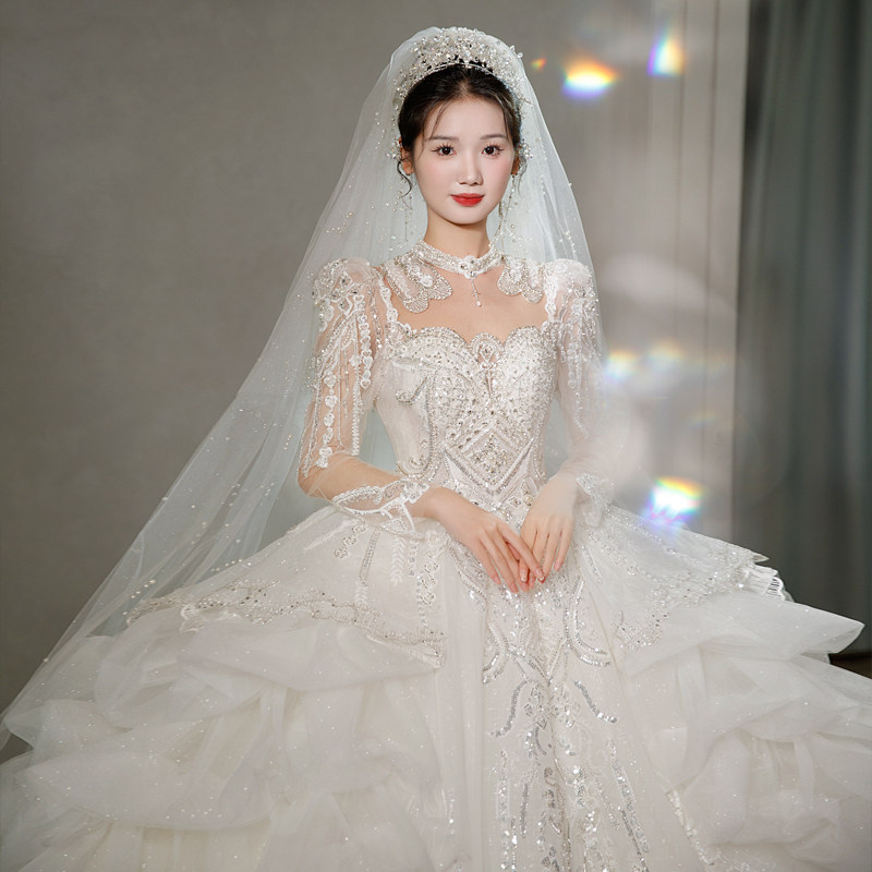 婚纱长袖韩式主纱重工迎宾纱主纱