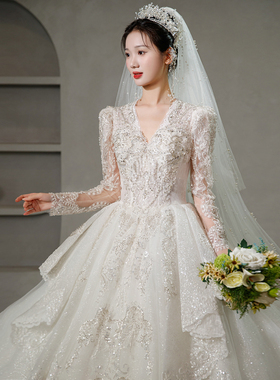 婚纱新娘2025新款 主纱法式V领重工奢华冬季长袖宫廷风迎宾仪式纱