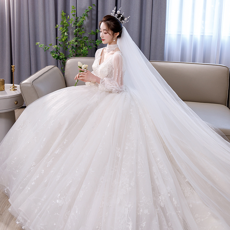 主婚纱长袖大拖尾重工齐地法式