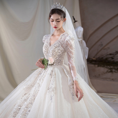 法式重工V领冬季长袖婚纱仪式纱