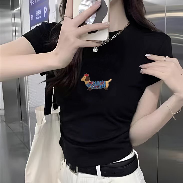 灰色腊肠狗毛巾绣短袖t恤女生夏季宽松显瘦时尚百搭美式半袖上衣