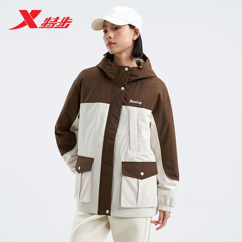 特步女棉服2025冬季新款保暖防风棉衣女连帽运动外套976428170264