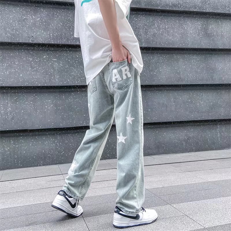2022潮男新款牛仔裤直筒潮流ins痞帅星星印花宽松长裤K105-P40,男装牛仔裤,星座815-2