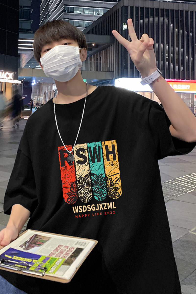 22夏季港风男士百搭休闲复古印花潮大码宽松圆领短袖T恤T6611-P15,男装T恤,星座815-2