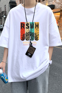 22夏季港风男士百搭休闲复古印花潮大码宽松圆领短袖T恤T6611-P15图片