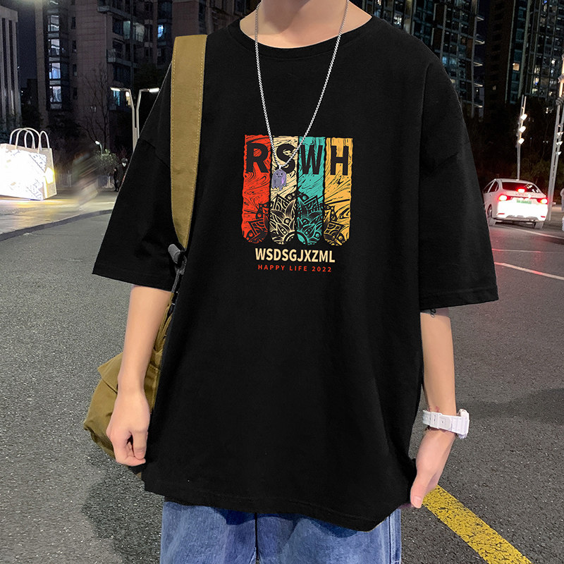 22夏季港风男士百搭休闲复古印花潮大码宽松圆领短袖T恤T6611-P15,男装T恤,星座815-2