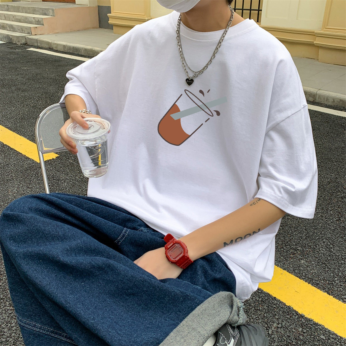 2024夏季新款短袖T恤男大码港风体恤潮牌潮流纯棉打底衫T6602-P15,男装T恤,星座815-2