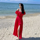 适合拍照衣服超仙海边度假连衣裙高级感红色一字肩三亚吊带沙滩裙