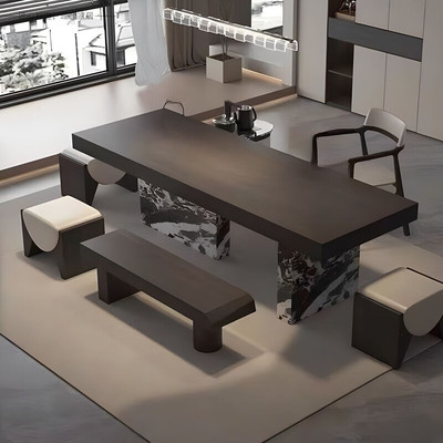 轻奢风黑色岩板餐桌2025新款轻奢大小户型全托底板高端书桌长方形