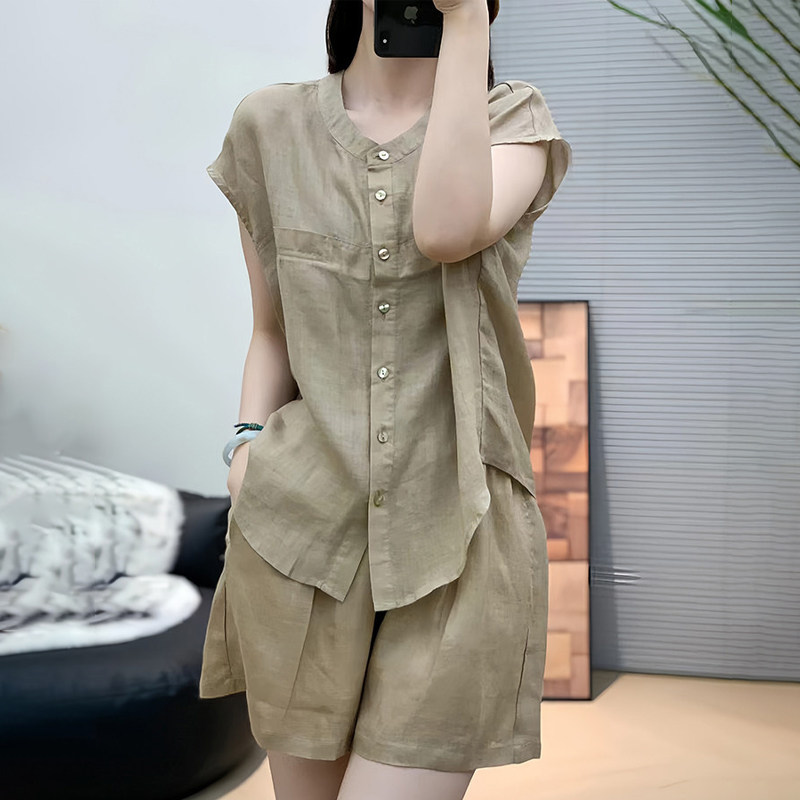 潮牌套装女2026夏季时尚大码宽松显瘦休闲亚麻无袖衬衫短裤两件套