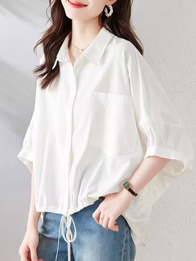 潮牌五分袖衬衫女2025新款夏季蝙蝠袖宽松显瘦遮肚子休闲衬衣上衣