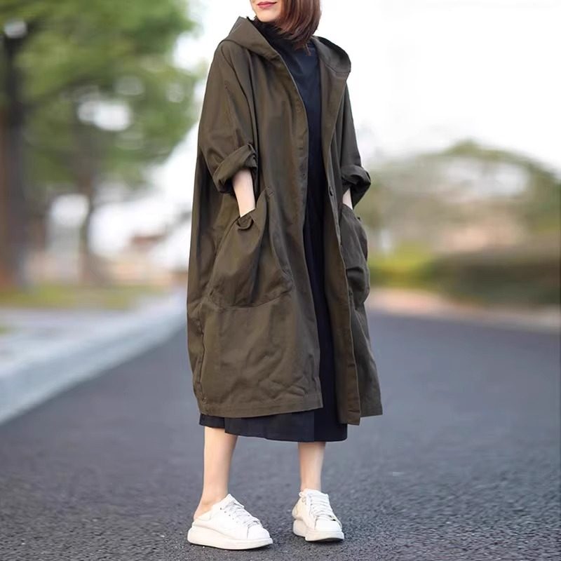 潮牌连帽风衣外套女2025年春秋季新款韩版时尚中长款宽松显瘦大衣