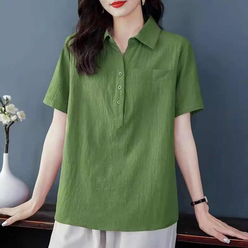 潮牌大码棉麻短袖衬衫女2026年夏季新款宽松中年妈妈t恤衬衣上衣