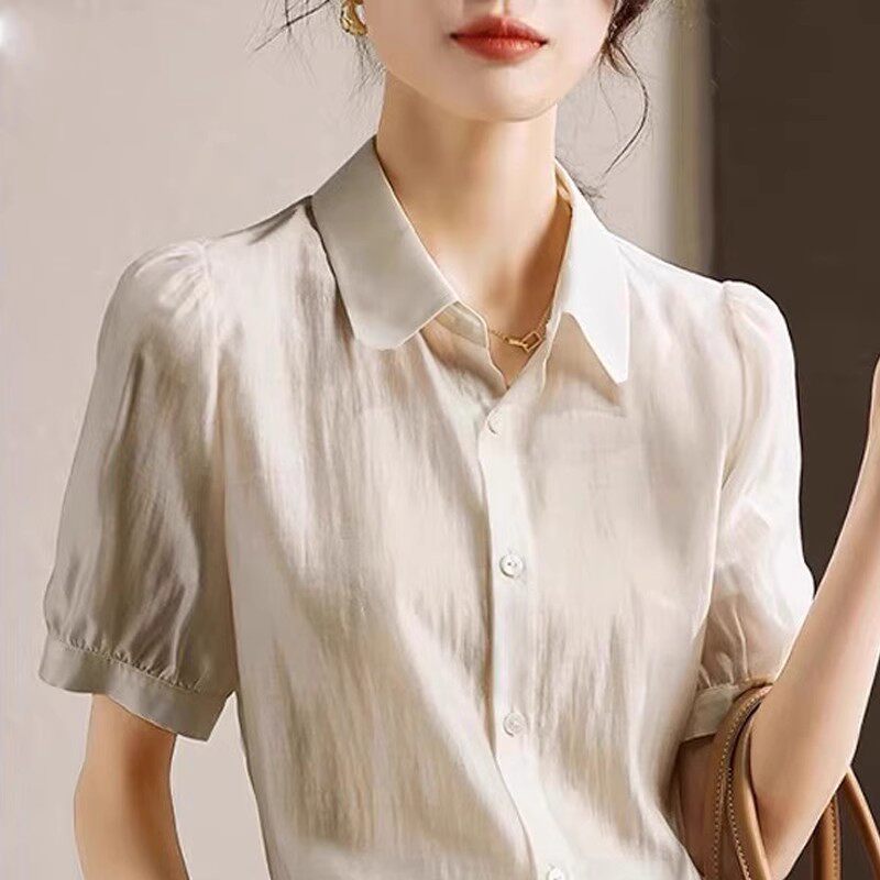 潮牌polo领雪纺衬衫女夏季薄款韩版宽松百搭短袖小衫气质显瘦上衣