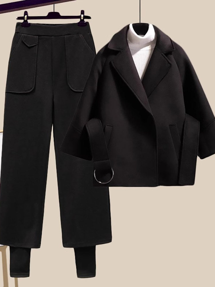 潮牌小个子搭配套装女三件套2025冬装新款高领毛衣西装外套两件套
