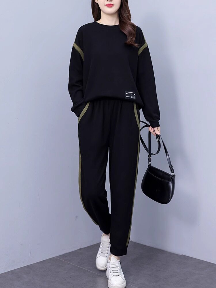 潮牌胖MM时尚宽松休闲运动套装女2025春秋减龄撞色洋气大码两件套