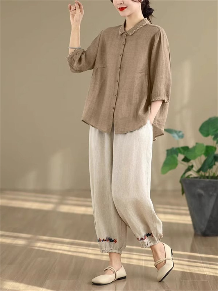 潮牌中老年妈妈棉麻亚麻套装女士2025夏季新款大码衬衫上衣两件套