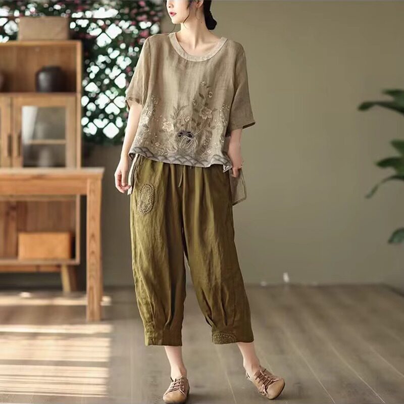 50岁妈妈洋派夏装棉麻套装女2025新款大尺码宽松哈伦8分裤两件套