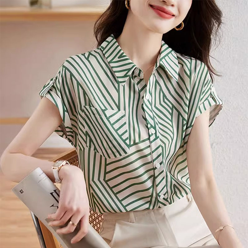 潮牌高端条纹衬衫女士2025夏季新款时尚时髦减龄显瘦短袖上衣衬衫