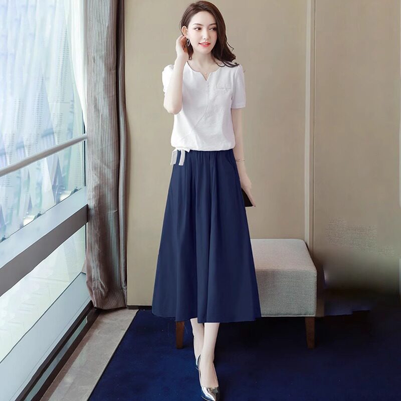 潮牌时尚套装女2025夏季新款高级感法式仙女休闲 棉麻半身裙两件