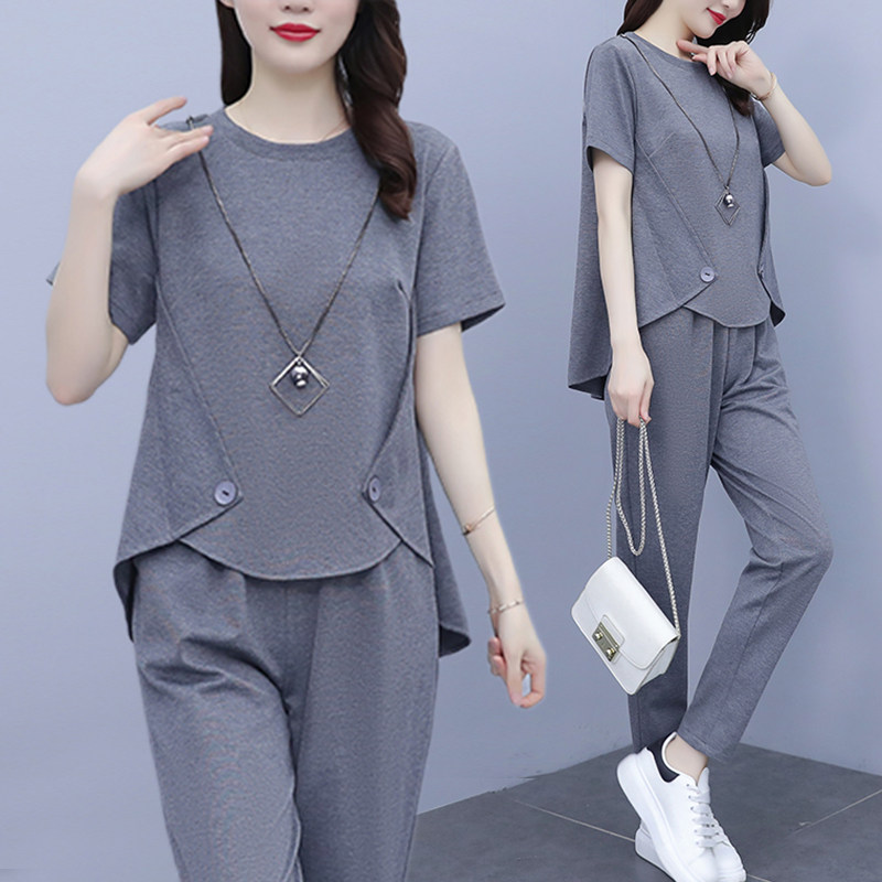 潮牌休闲运动套装女士夏季妈妈大码微胖mm减龄遮肉显瘦短袖两件套