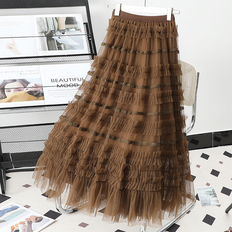 潮牌超长层层网纱蛋糕半身裙仙女2024秋冬季新款高端拼接百褶长裙