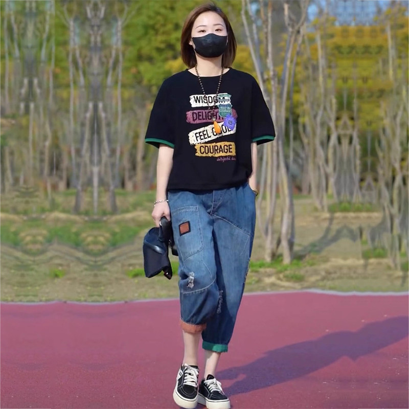潮牌休闲t恤套装女士夏季新款时尚洋气宽松印花短袖牛仔裤两件套