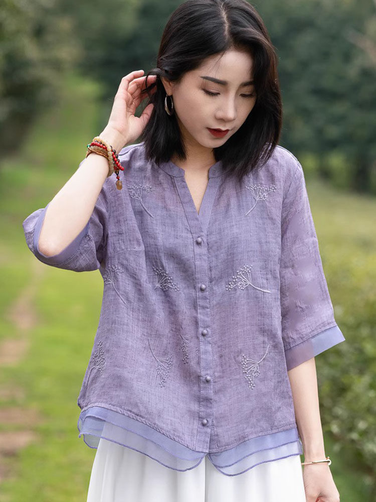 潮牌文艺苎麻满福绣衬衣V领女夏开衫宽松纯色欧根纱拼接短袖上衣