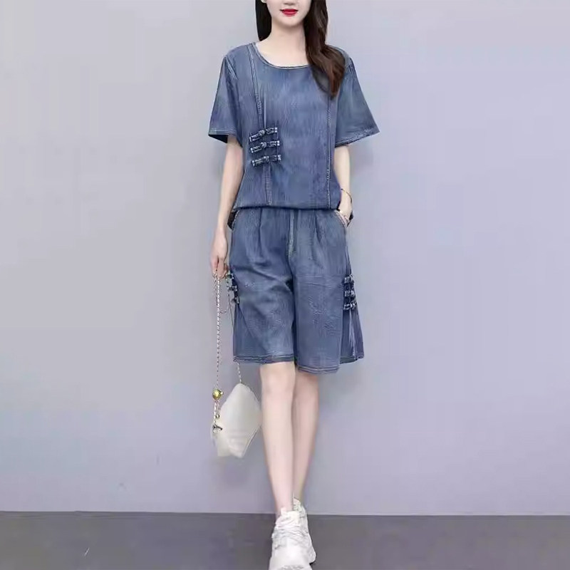 2026夏季潮牌时尚休闲套装女宽松薄牛仔圆领上衣五分裤通勤两件套