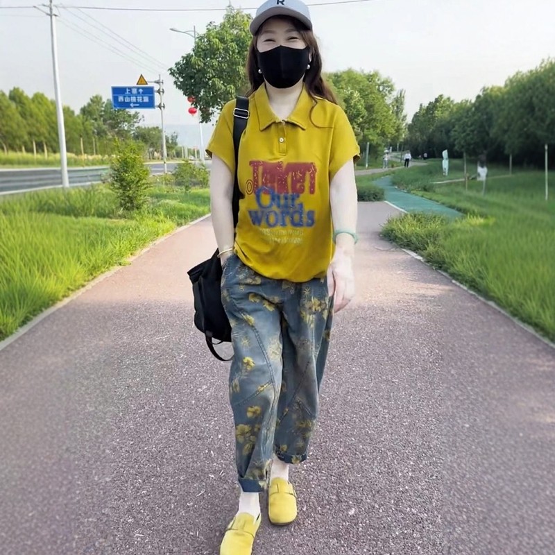 两件套装女2025年夏季新款POLO领字母印花T恤+印花薄款牛仔哈伦裤,女装/女士精品,时尚套装,淘宝优惠券,粉丝福利购,淘宝优惠卷