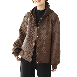 欧货加棉加厚连帽菱格皮衣外套女冬季2022宽松保暖高级感短款棉服