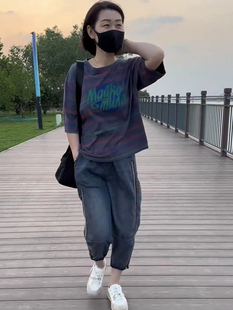 T恤 条纹印花短袖 薄款 水洗牛仔哈伦裤 2024年夏季 显瘦两件套装 新款