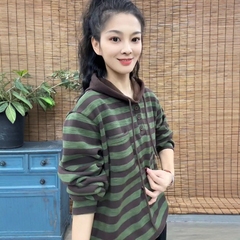 加绒加厚连帽卫衣女2024年秋冬季新款长袖T恤内搭条纹加厚上衣潮