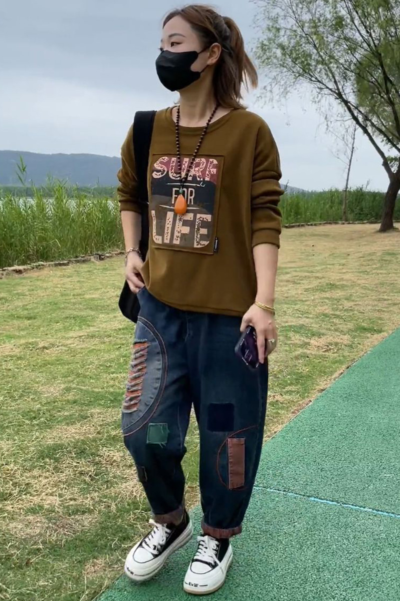 时尚套装2025春季新款字母印花抽绳卫衣女水洗撞色破洞牛仔哈伦裤