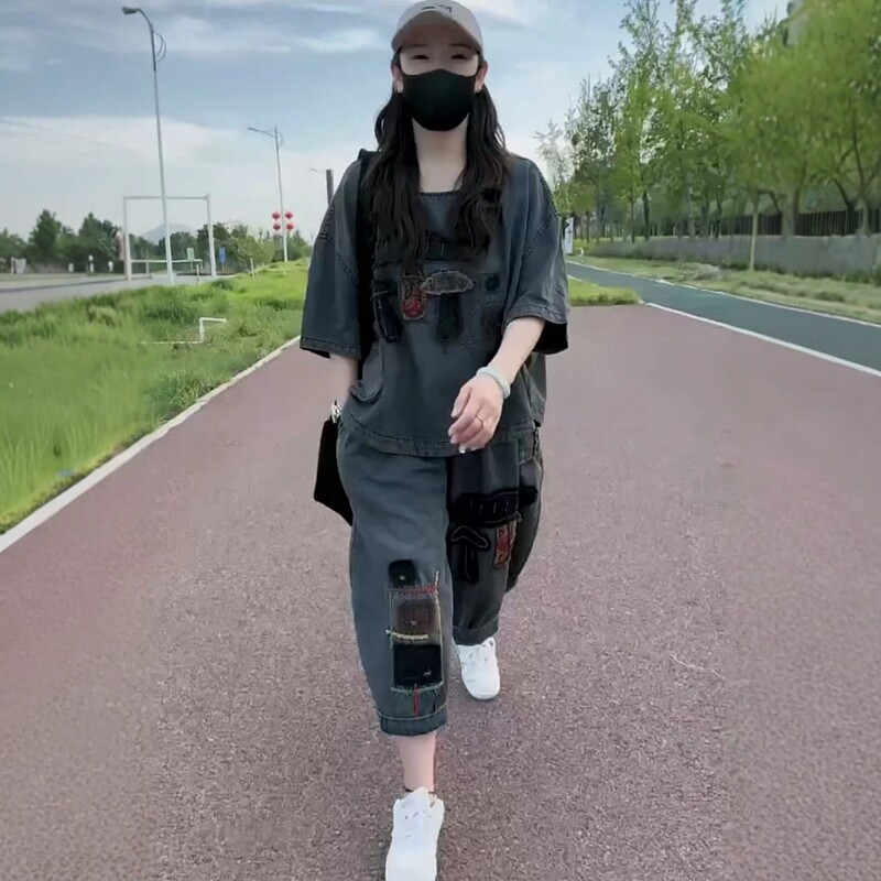 两件套装女2026年夏季新款砂洗薄款软牛仔上衣+贴布七分哈伦裤潮