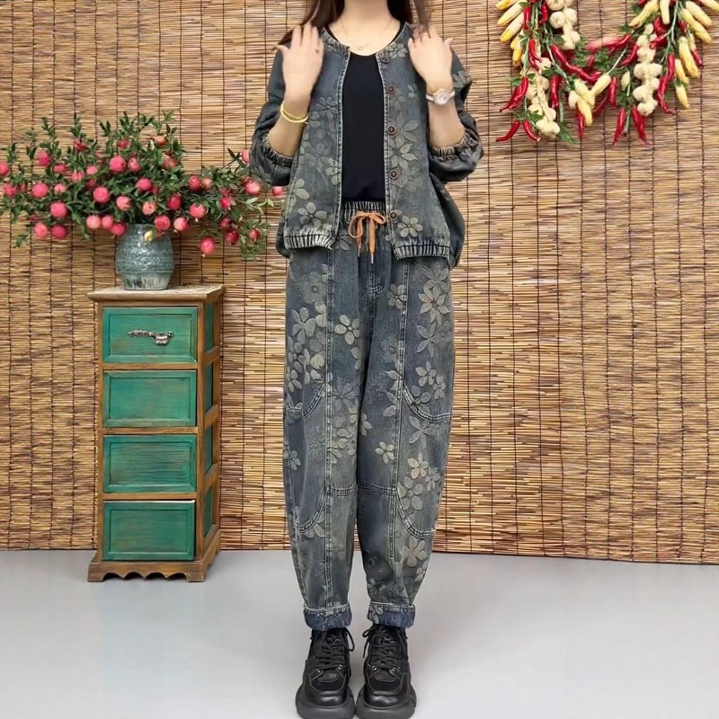两件套装女2025年秋季新款印花水洗牛仔套+提花牛仔哈伦裤套装潮,女装/女士精品,时尚套装,淘宝优惠券,粉丝福利购,淘宝优惠卷