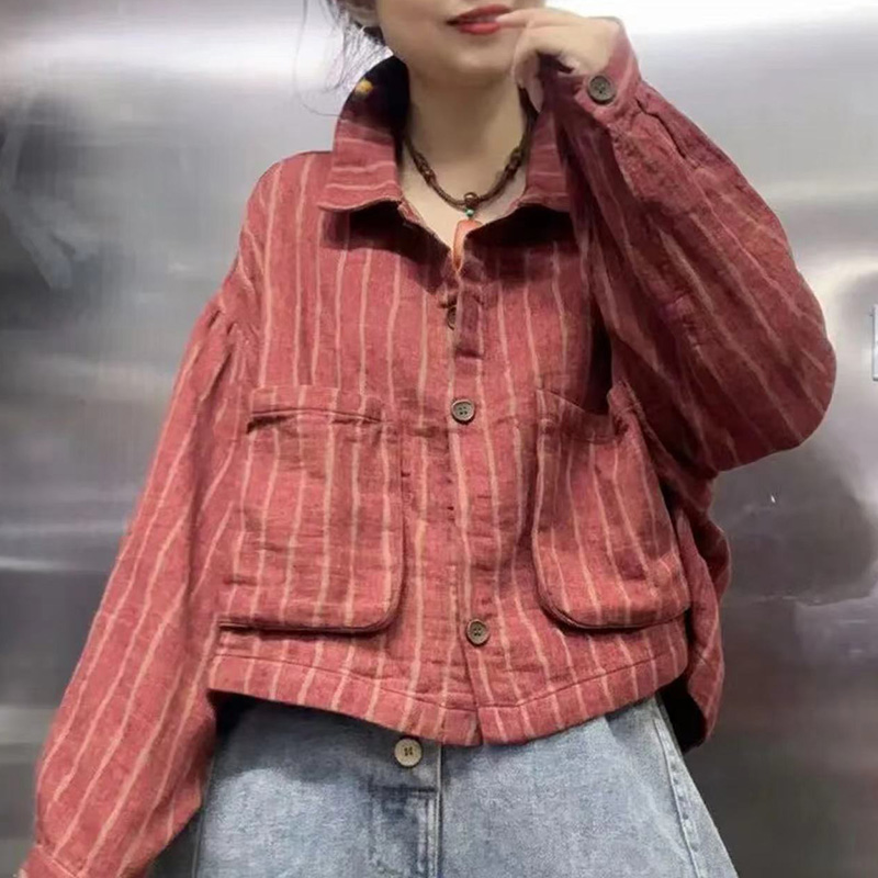 长袖秋季外套复古休闲宽松新款衬衫上衣口袋条纹显瘦百搭开衫外穿