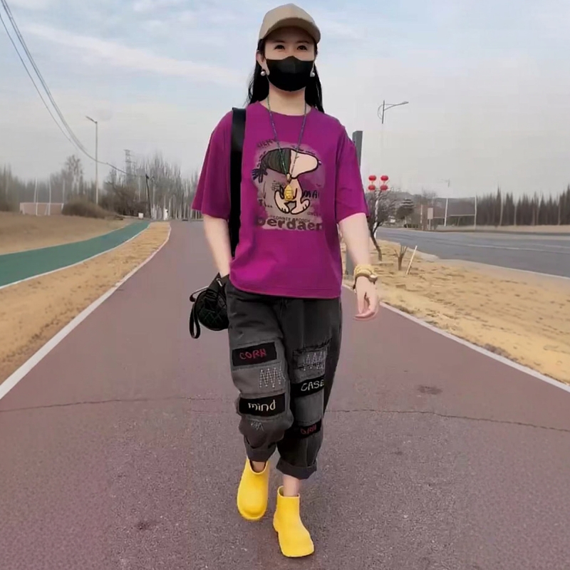 两件套装女2025年夏季新款卡通印花棉T恤+薄款刺绣牛仔哈伦裤显瘦