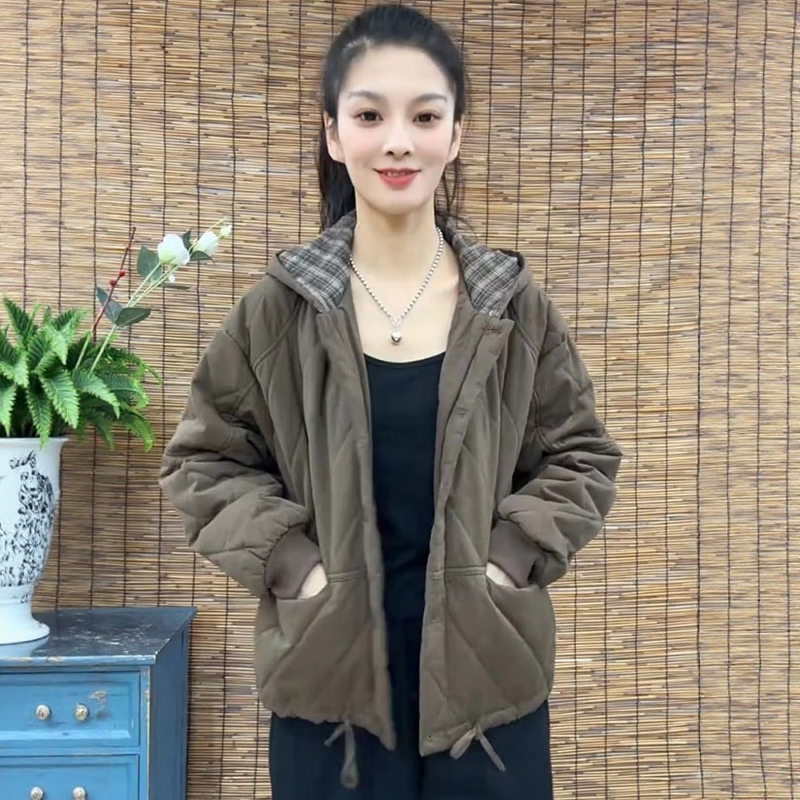 复古新款菱形格夹棉棉服外套女2025连帽短款保暖棉衣冬季百搭棉袄