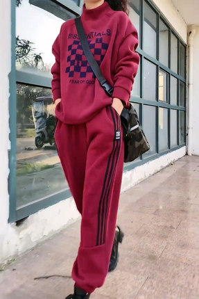 加绒加厚圆领卫衣哈伦裤两件套女2024秋冬季新款宽松休闲运动套装