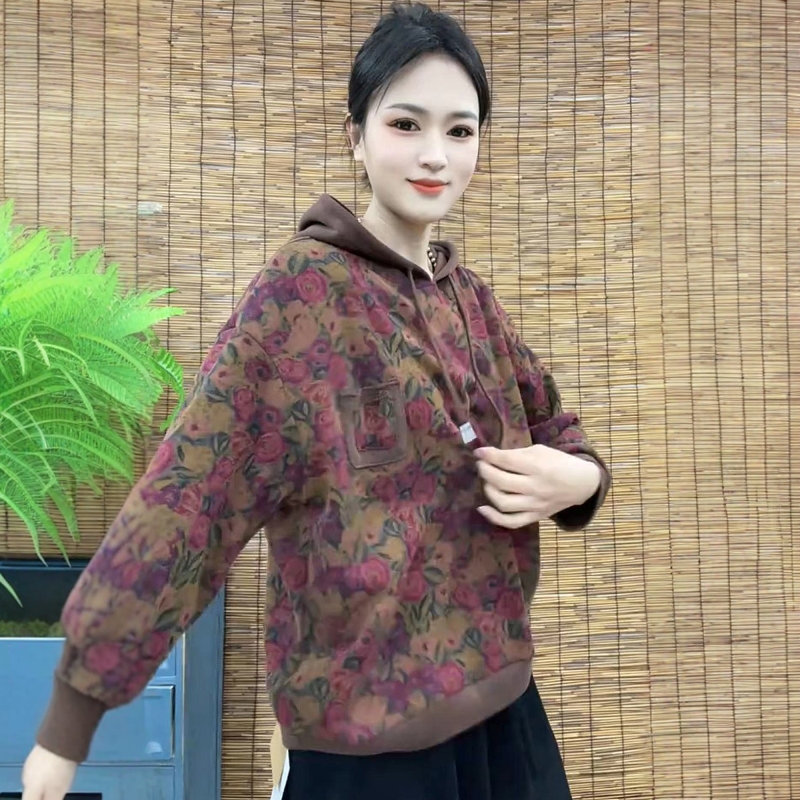 春季新款复古印花长袖遮肉连帽卫衣女宽松上衣显瘦2025洋气带帽子