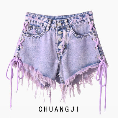 紫色流苏系带牛仔短裤女夏季高腰