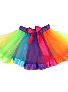 儿童短裙网纱洋气新款舞蹈七彩半裙宝宝百褶裙子演出服女童半身裙