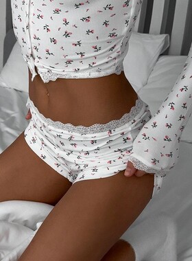 欧美紧身长袖上衣短裤家居服睡衣套装女 Homewear Pajama Set