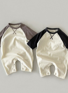 韩版ins新生儿休闲连体衣婴儿男女宝宝加绒撞色家居爬服睡衣长爬