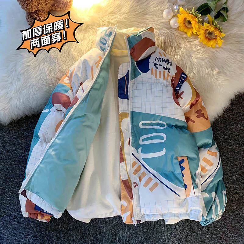 两面穿棉衣男秋冬季潮牌印花痞帅棉服港风加厚保暖宽松面包服外套