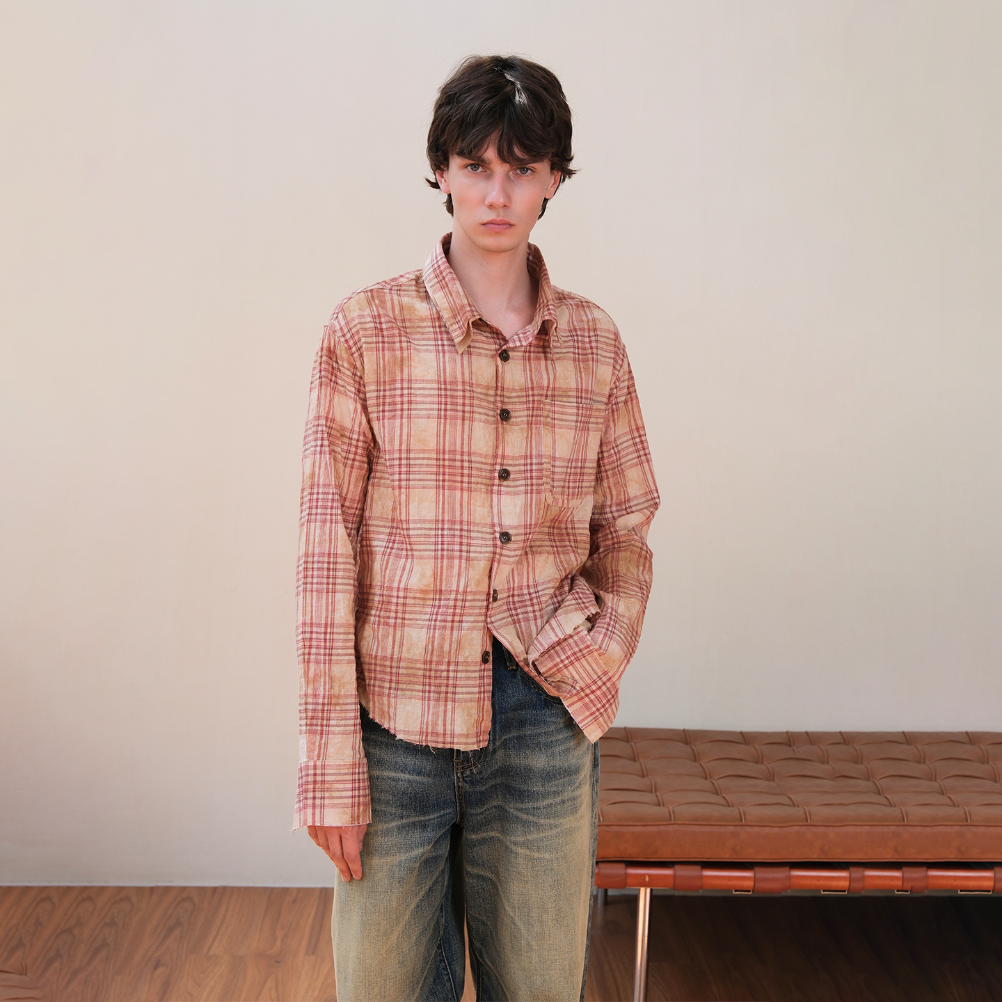 Set for life 25FW 水洗做旧晕染毛边双层领红黄格纹衬衫